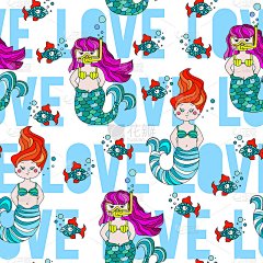 可爱和有趣的手绘美人鱼和鱼无缝模式矢量