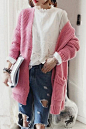 韩版粉色加厚毛衣开衫外套
