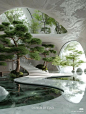 This may contain: the interior of a building with trees and water in it, as well as steps leading up to an indoor swimming pool