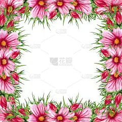 水彩花圈与宇宙花，树叶，树叶，树枝，蕨叶和地方为你的文字。完美的婚礼邀请函，贺卡。成角的野花。