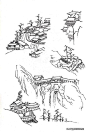 国画中房、山石、人物、树、水等不同物体的画法线稿，一一俱全