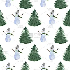 无缝圣诞模式与雪人和圣诞树。水彩插图。