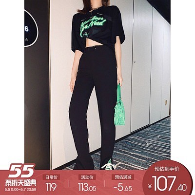 周小熊直筒开叉休闲裤女高腰黑色长裤夏季新...