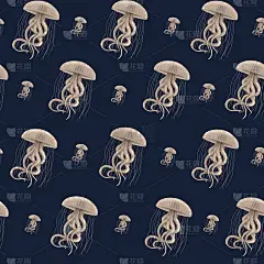 无缝模式与米色水母。可用于海选壁纸、网站背景、纺织品打印。手绘插图。深蓝色的背景。独立的元素，便于使