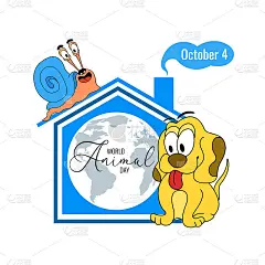 世界动物日庆祝10月4日。白色背景上的狗和蜗牛。概念设计海报，横幅，卡片，明信片。矢量图