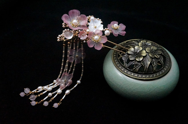【桃花秋水·发钗】云河千色 薄纱花珍珠汉...