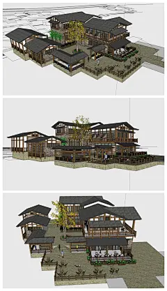 SU川西风格山居院落中式古建筑设计