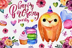 【点击下载PNG大图】Happy Birthday Party 水彩手绘生日派对元素插画素材合集包