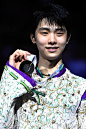 Gold medalist Yuzuru Hanyu of Japan poses during the Men final medals ceremony during day three of the ISU Grand Prix of Figure Skating Final...