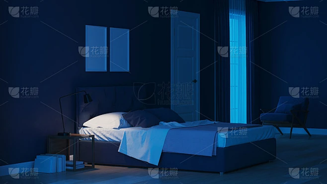 现代房子内部。蓝色的卧室。的夜晚。晚上照明。3 d渲染。素材-花瓣网