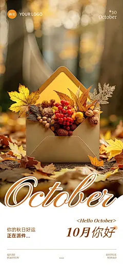 10月你好月初问候文艺感全屏竖版海报AIGC