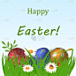 Bright banner with easter eggs in spring grass.