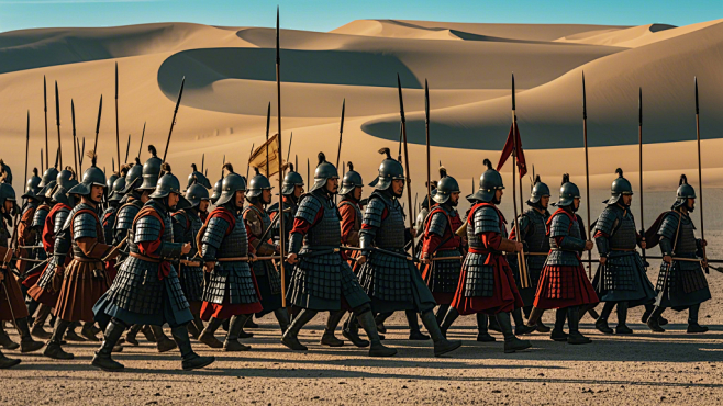 中国古代士卒行军时候的场景，真人实拍，远景，背景是沙漠 (2)
