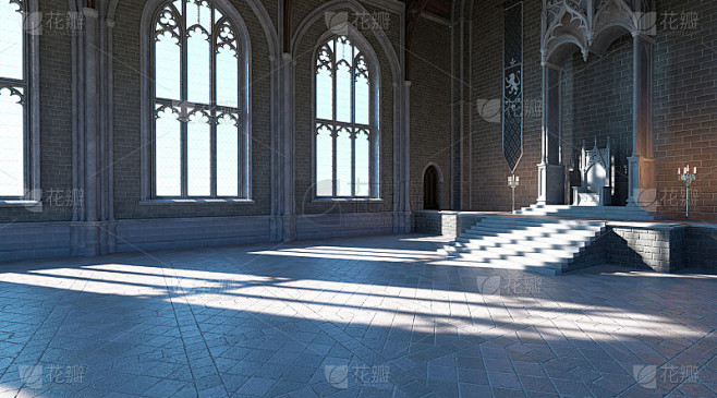 幻想中世纪城堡中的王座房间3d插图