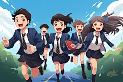 卡通扁平化开心一起上学人物场景插画