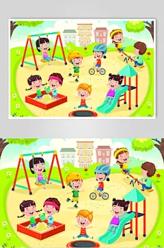 绿色儿童节游乐场玩乐手绘卡通插画