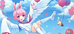 #采集大赛#一个女孩在天空中,可爱小兔,气球,神奇的桌面壁纸