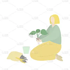 女孩在花盆里种花。家庭植物护理和移植。孤立的矢量平面插图与文本空间。时尚的颜色。