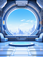 lass window of a spaceship in a galaxy, in the style of computer-aided manufacturing, realistic interiors, sky-blue and white, soft and rounded forms, ricoh ff-9d, cartoon mis-en-scene, playful machines