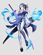 arcane, frost, mage, wizard. blue, hair, katana.
