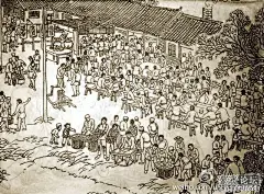 南通民间画家郁异人绘 《江海民俗风情百图》—— 吃素饭。农村有人过世后亲朋好友的悼念活动。现场会有吹鼓手和卖糖的各色人等。