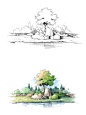 景观植物、山石、水组合手绘