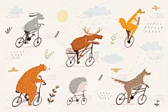 可爱的,动物,狐狸,熊,乐趣,骑自行车,驼鹿,刺猬,小兔子,性格