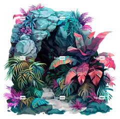 茂密的洞穴热带森林植物棕榈香蕉树—有溪流、岩石、鲜艳色彩的热带森林