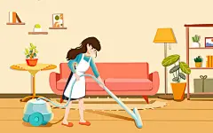 手绘扁平风女孩穿围裙打扫房间卫生插画打扫插画