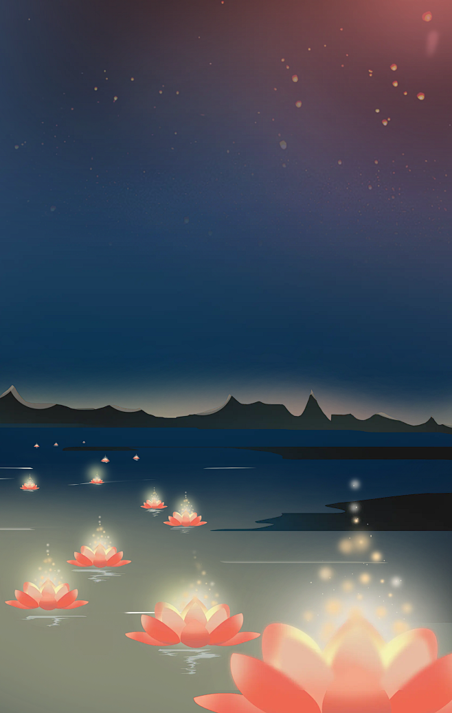 手绘国风中元节河灯祭祀海报