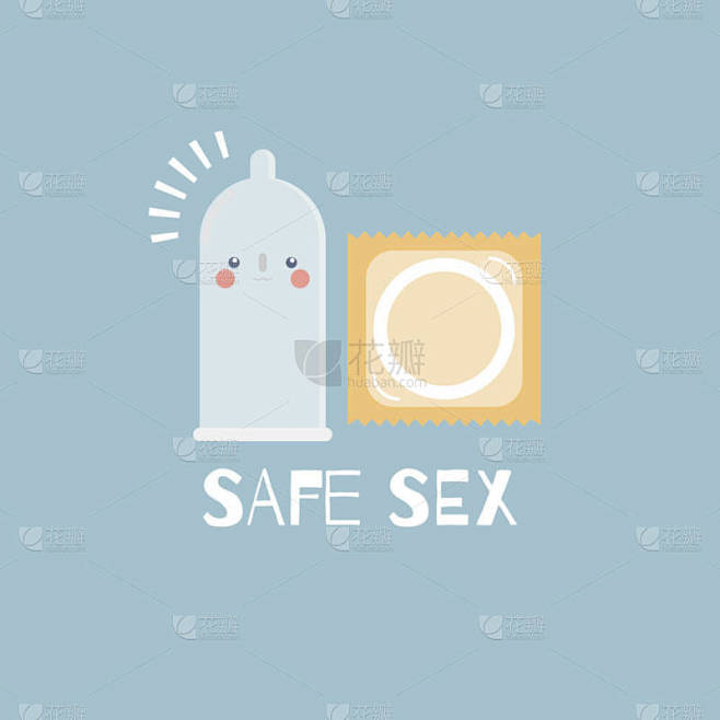 可爱的避孕套，预防肝炎，辅助器具，性传播疾病，安全性行为概念，平面卡通人物造型矢量插图