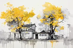 水墨建筑插画绘画