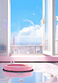 pink goop in the window, in the style of grandiose cityscape views, light white and sky-blue, tactile surfaces, 32k uhd, seaside vistas, polka dots, perspective rendering