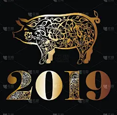 中国新年2019 -黑色背景下的金猪年