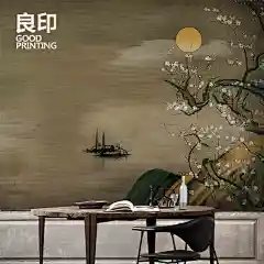 良印梅花新中式墙纸无纺布电视背景定制无缝墙布书房餐厅壁纸过道-tmall.com天猫