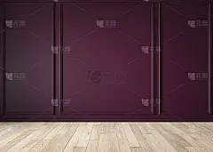 现代古典紫色，哑光，空白墙，模塑，空内饰墙板和木地板。3d渲染插图模拟。