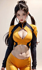 1girl,gorgeous,(dynamic pose:0.8),(cowboy shot),large breasts,open chest,((exposed cleavage)),((navel cutout)),studio lighting,white background,French teen top model,fringe hair,buns,twin tails,giner hair,amber eyes,(black-yellow special agent exoskeleton