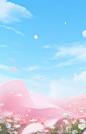 wallpaper with bright pink and blue screenshot 5, in the style of delicately rendered landscapes, hyperrealistic compositions, realistic blue skies, minimalist still life, flattened perspective, romantic illustration, shin hanga