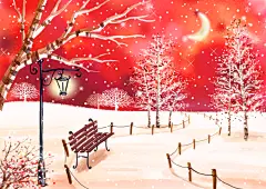 圣诞节红色下雪天路灯下插画