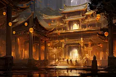 古代高楼古风古韵金线城市建筑插画