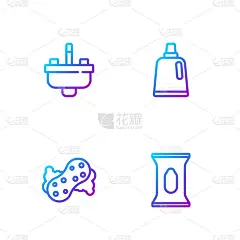 设置湿抹布，海绵，带水龙头的洗脸盆和清洁剂瓶。渐变颜色图标。向量
