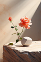 pink rose on white coffee table with shadow of pink rock, in the style of conceptual minimalist sculpture, light gray and orange, surreal still life compositions, decorative vessels, raw materialism, minimalist backgrounds, graphic rock-inspired compositi