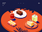My life-Afternoon tea dinner party table botany drink gift cakes sunshine color isometric 2.5d illustration