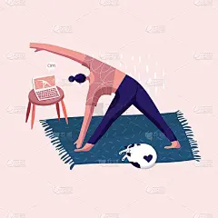 女孩，做瑜伽的女人。平的风格。控制思想和情绪。在线课程，网络教育，滑猫。健康的活动。矢量插图。海报，