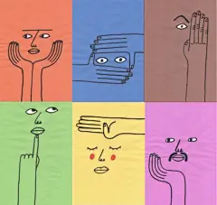 这可能包含：四个不同颜色的正方形，上面画着脸和手，每个正方形描绘一个人的脸