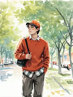 水彩画，水彩日漫风格，晕染开的大笔触，干净，空灵，白色，光影，柔和，低饱和度，清新自然，童话，近景，近景，背景是上海城市的街头，梧桐树在道路两旁，人物在画面正中间