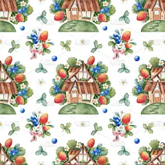 手绘水彩无缝图案可爱的村舍，草莓，蓝莓和绿色的叶子，在白色的背景。夏日浆果背景。