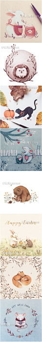 142 插画师Ninar彩铅水彩可爱童话卡通动物线稿插画手绘临摹素材-淘宝网
