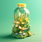 flower garden in water bottle, isometric view, cute style, octane renderer, cinema 4 diro render, light green and yellow, soft light, in the style of three-dimensional puzzles, minimalist objects, kitsch and campcharm