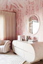 Pretty in Pink Bedroom - The English Room : Cara Woodhouse Interiors has recently completed a killer bedroom in the current Holiday House Hamptons. Her Instagram and portfolio has shared some great shots of this modern pink marvel.   Those walls are DIVIN